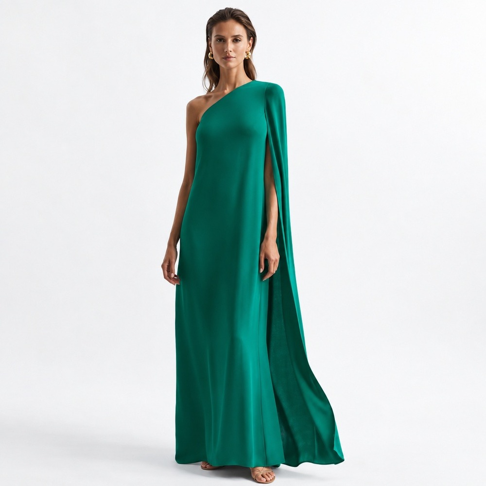 REISS Green Nina Cape Sleeve One Shoulder Maxi Dress Glam Formal Goddess Size 6